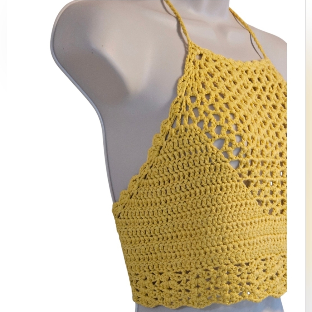 Handmade Crochet Crop-Top Yellow Open back Swimming cover-up  Hollow out stitch - Picture 10 of 17